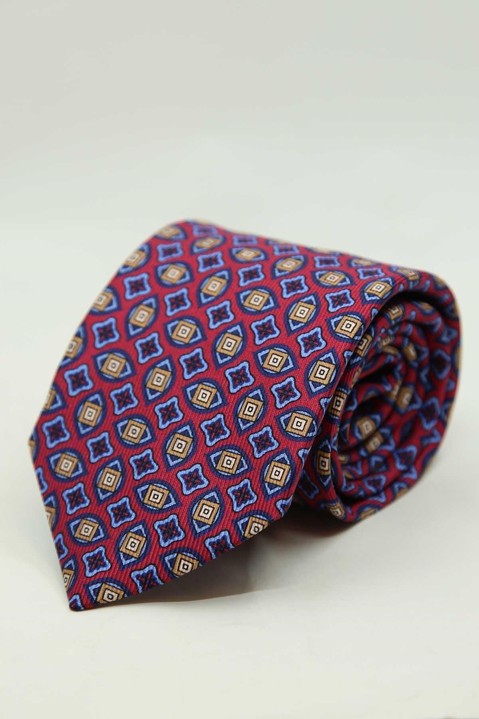 Kırmızı - Mavi Motif Desen İtalyan İpek Kravat İK2481