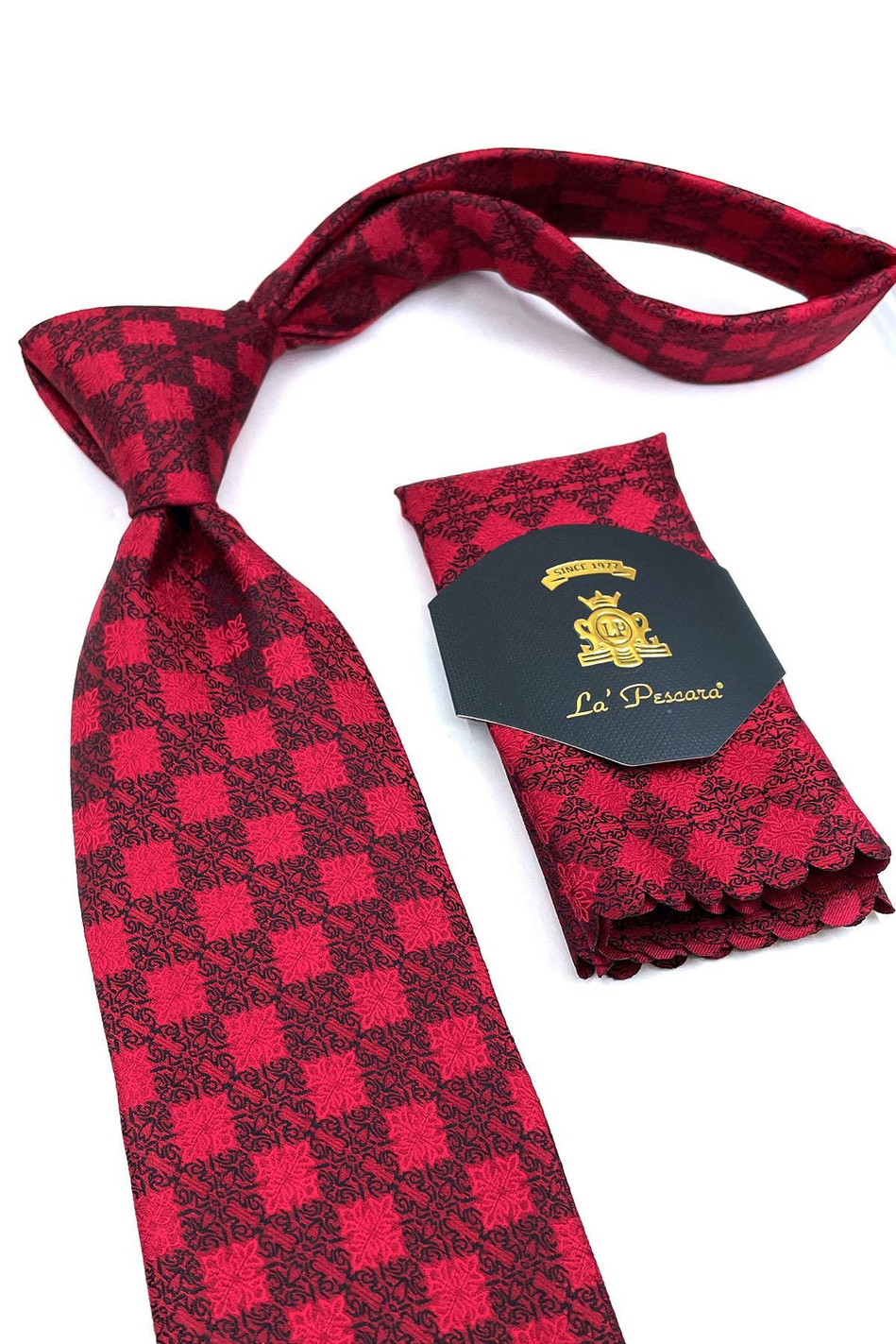 Kırmızı Motif Desen Mendilli Klasik Kravat KK10951