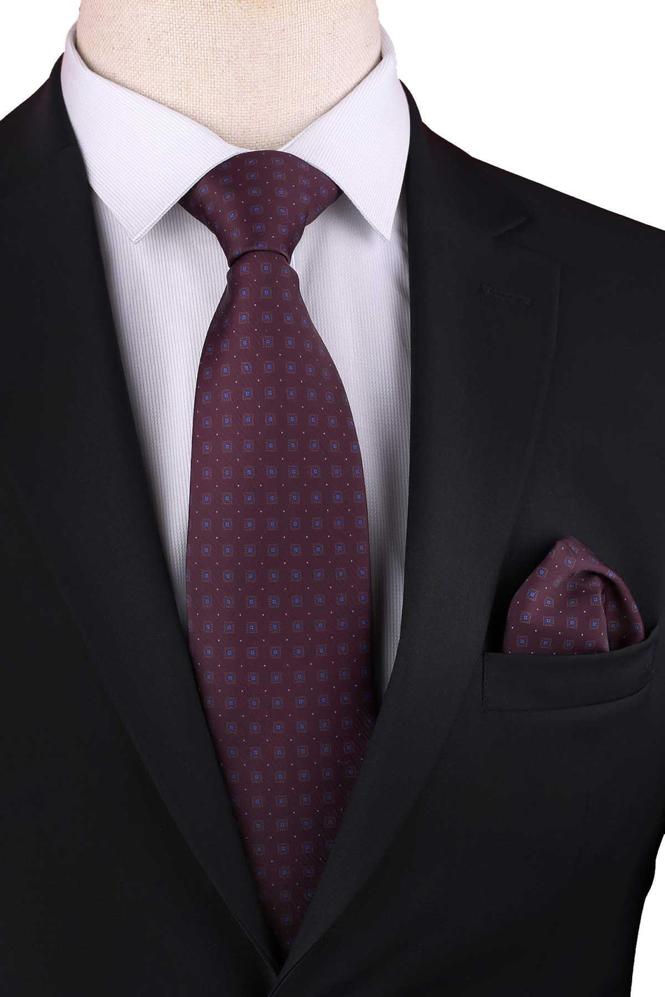 Koyu Brodo Küçük Desen Baskılı Mendilli Klasik Kravat KK13346