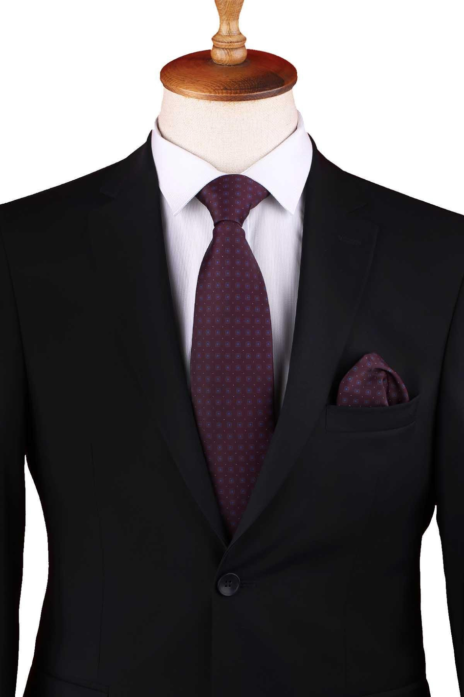 Koyu Brodo Küçük Desen Baskılı Mendilli Klasik Kravat KK13346