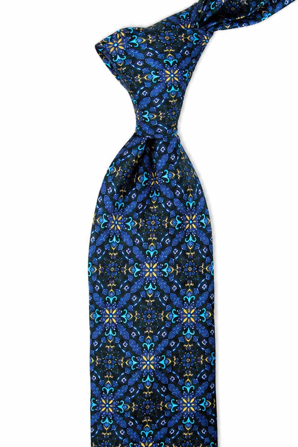 Koyu Yeşil Turkuaz Motif Desen İtalyan İpek Kravat İK2563