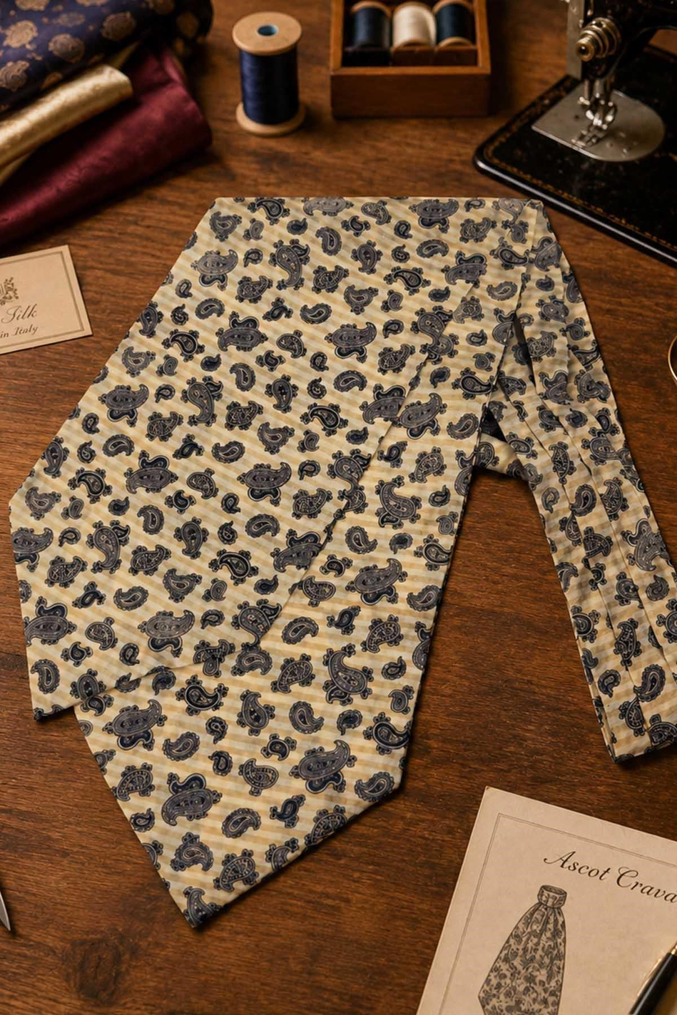 Krem Şal Desen İtalyan İpek Ascot Kravat SAC122