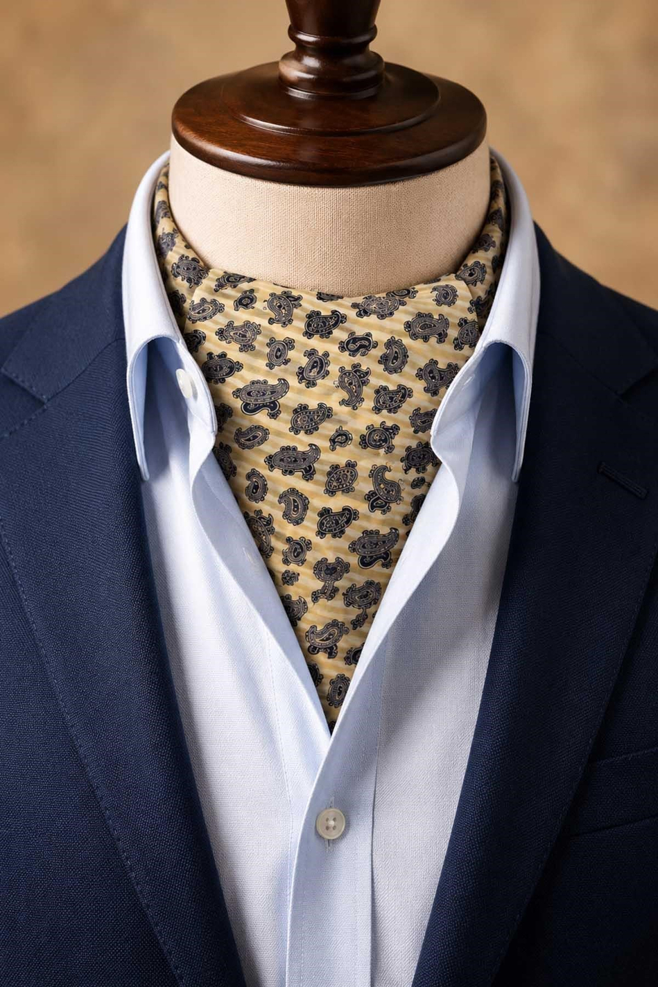 Krem Şal Desen İtalyan İpek Ascot Kravat SAC122