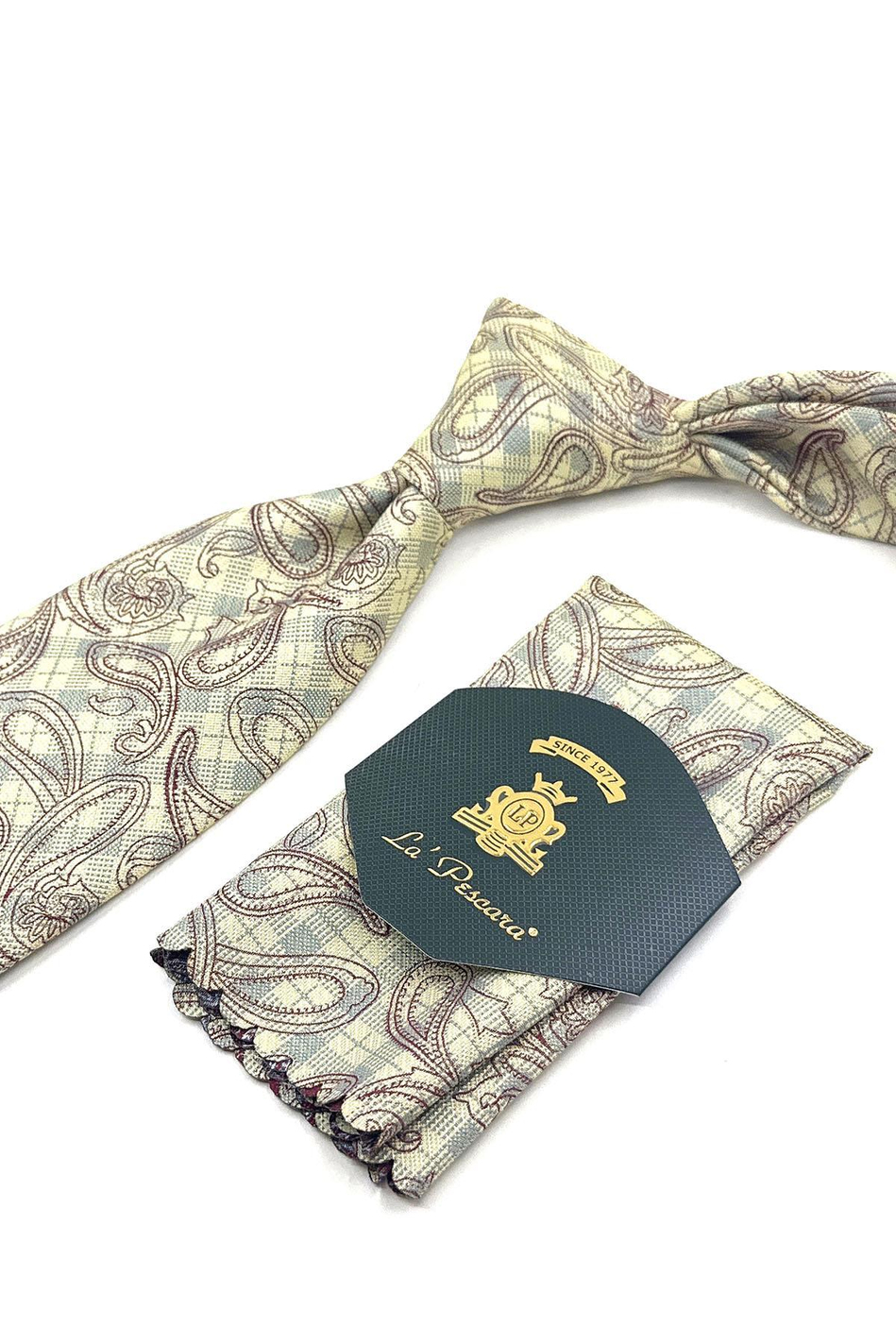 Krem Şal Desen Mendilli Klasik Kravat KK11798
