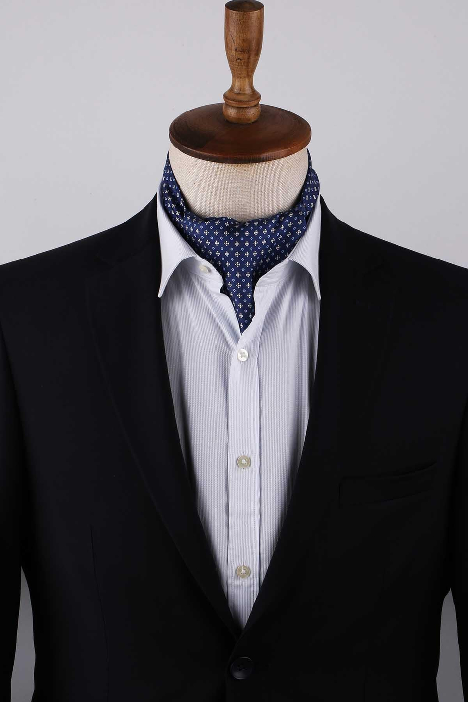Küçük Desen Mavi İtalyan İpek Ascot Kravat SAC19
