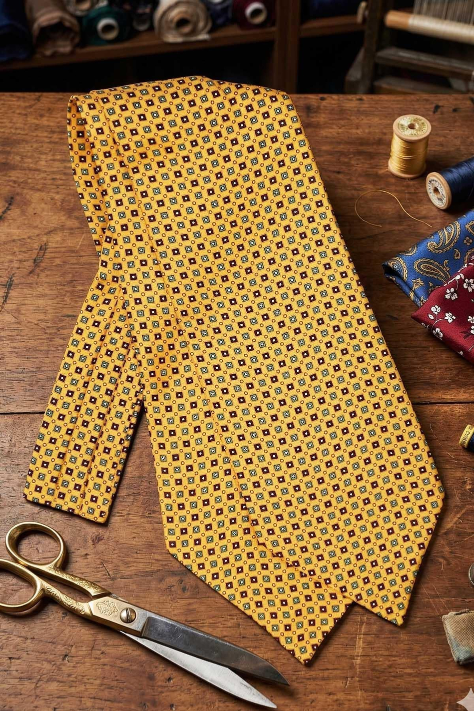 Küçük Desen Sarı İtalyan İpek Ascot Kravat SAC15