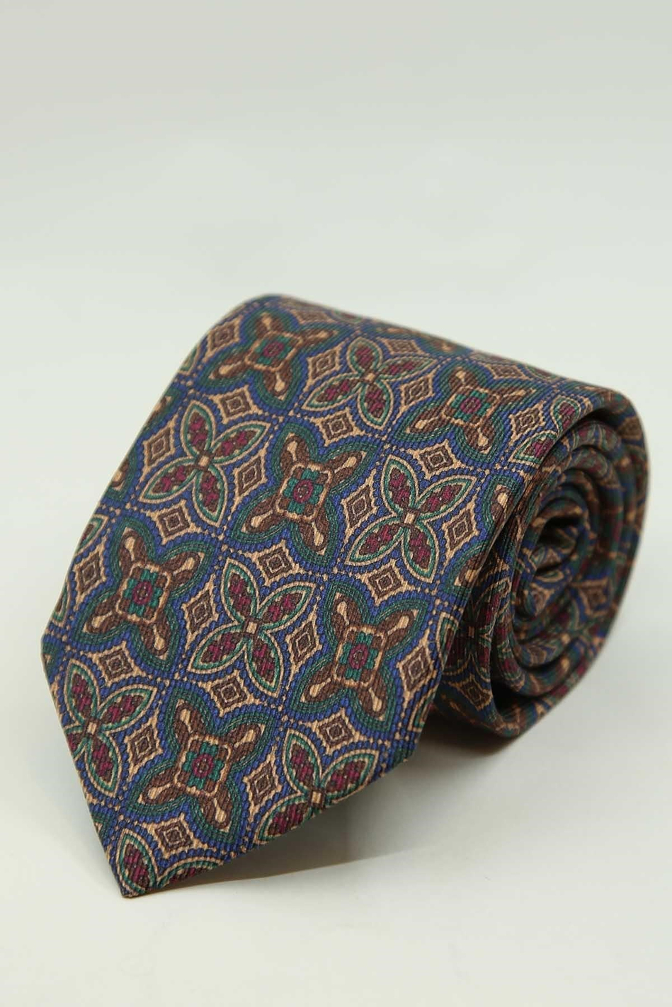 Lacivert - Bej Motif Desen İtalyan İpek Kravat İK2479