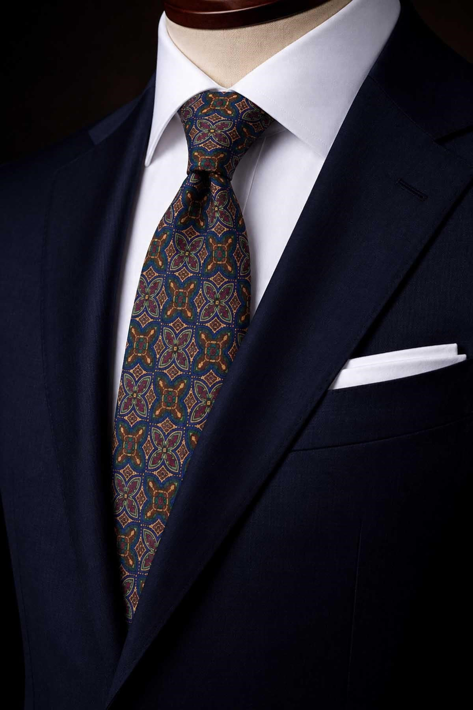 Lacivert - Bej Motif Desen İtalyan İpek Kravat İK2479