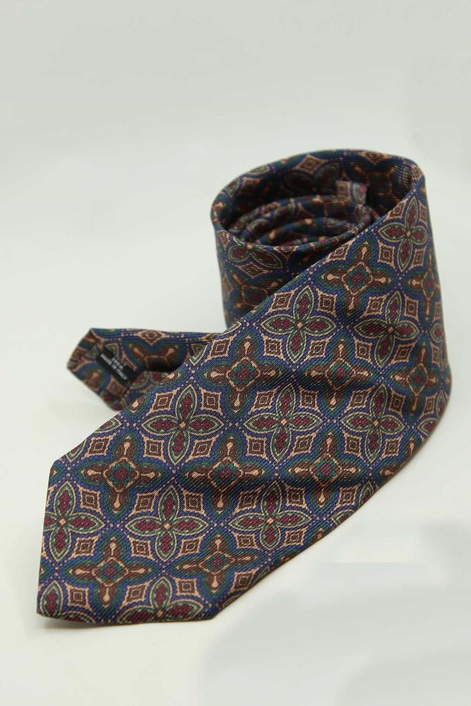 Lacivert - Bej Motif Desen İtalyan İpek Kravat İK2479