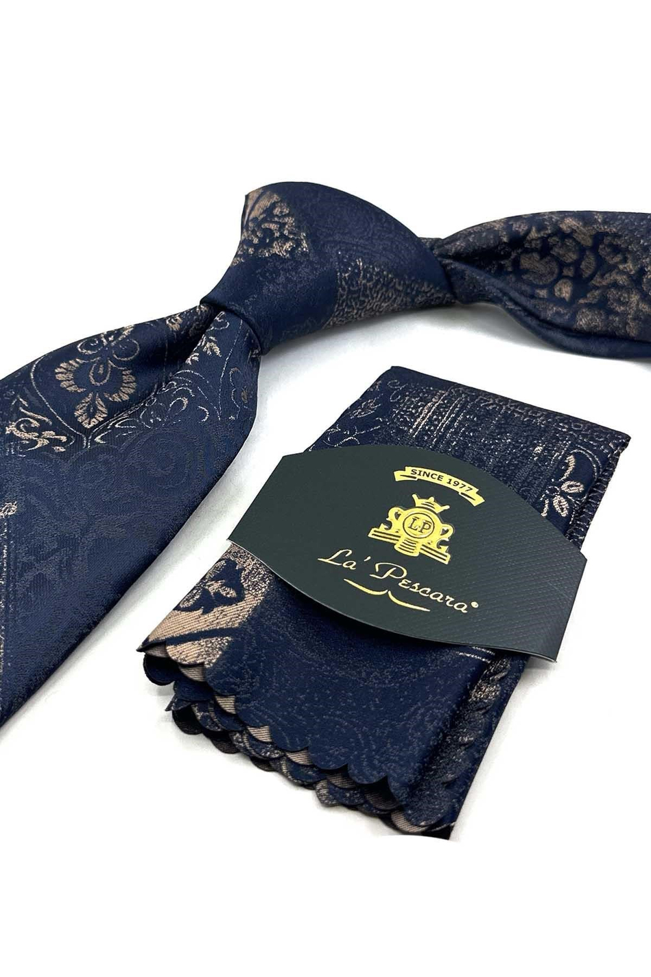 Lacivert Bej Motif Desen Mendilli Klasik Kravat KK13964