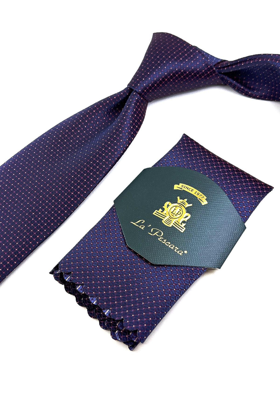 Lacivert - Bordo Nokta Desen Mendilli Klasik Kravat KK11110