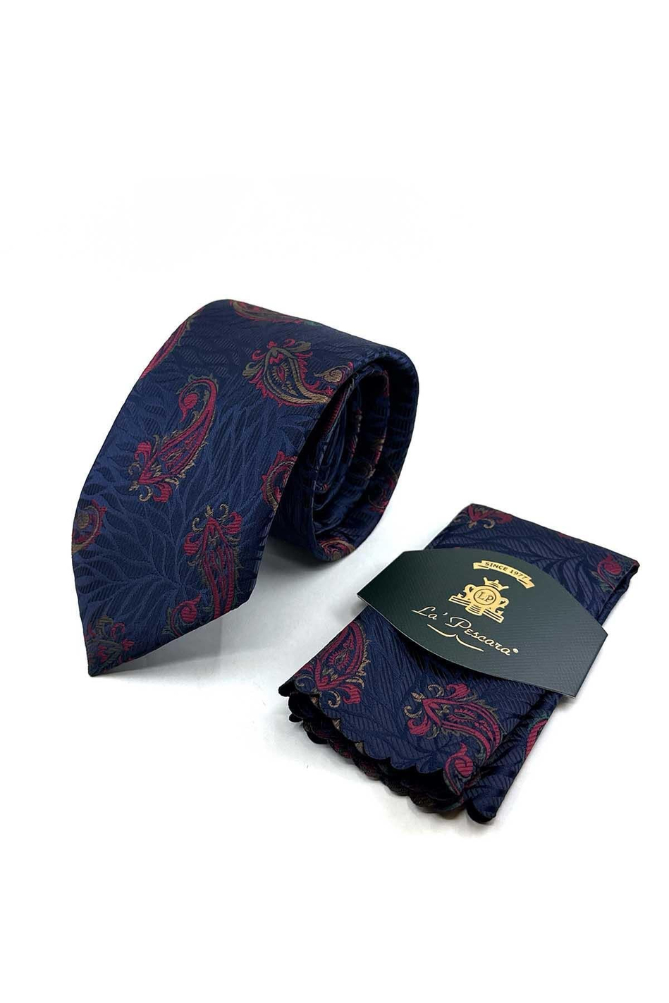 Lacivert - Bordo Şal Desen Mendilli Klasik Kravat KK13300