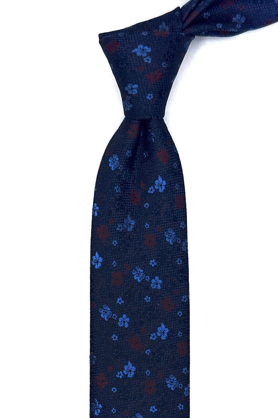 Lacivert Çiçek Desen İnce Kravat SK7943