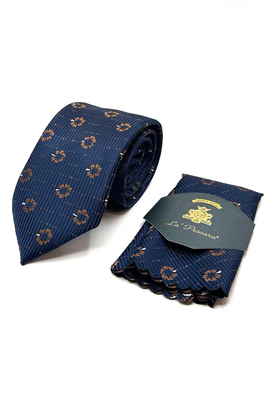 Lacivert Çiçek Desen Mendilli Klasik Kravat KK13022
