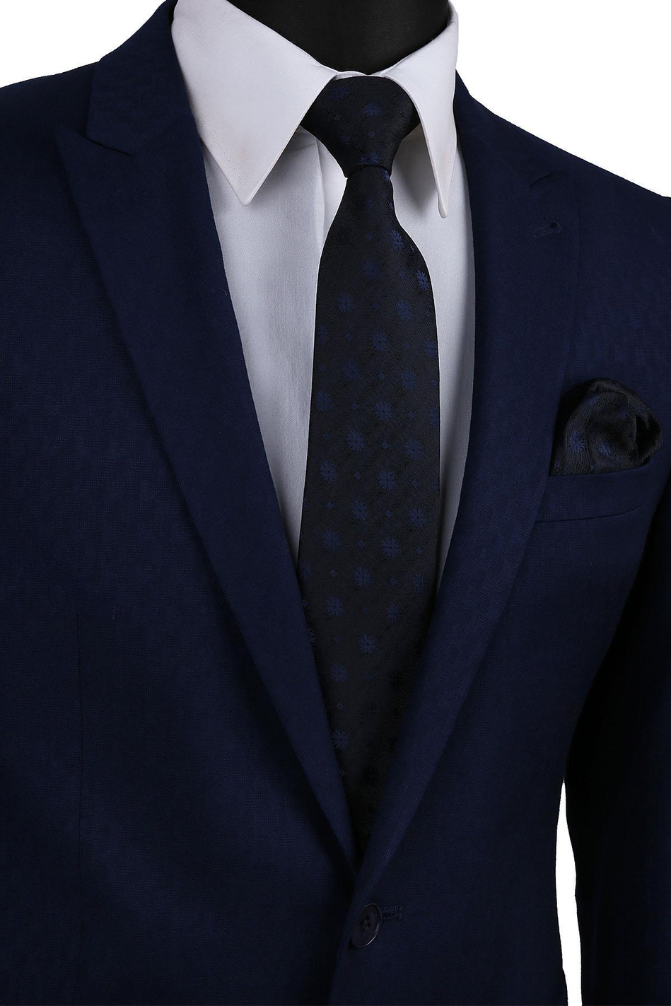 Lacivert Çiçek Desen Mendilli Klasik Kravat KK9487