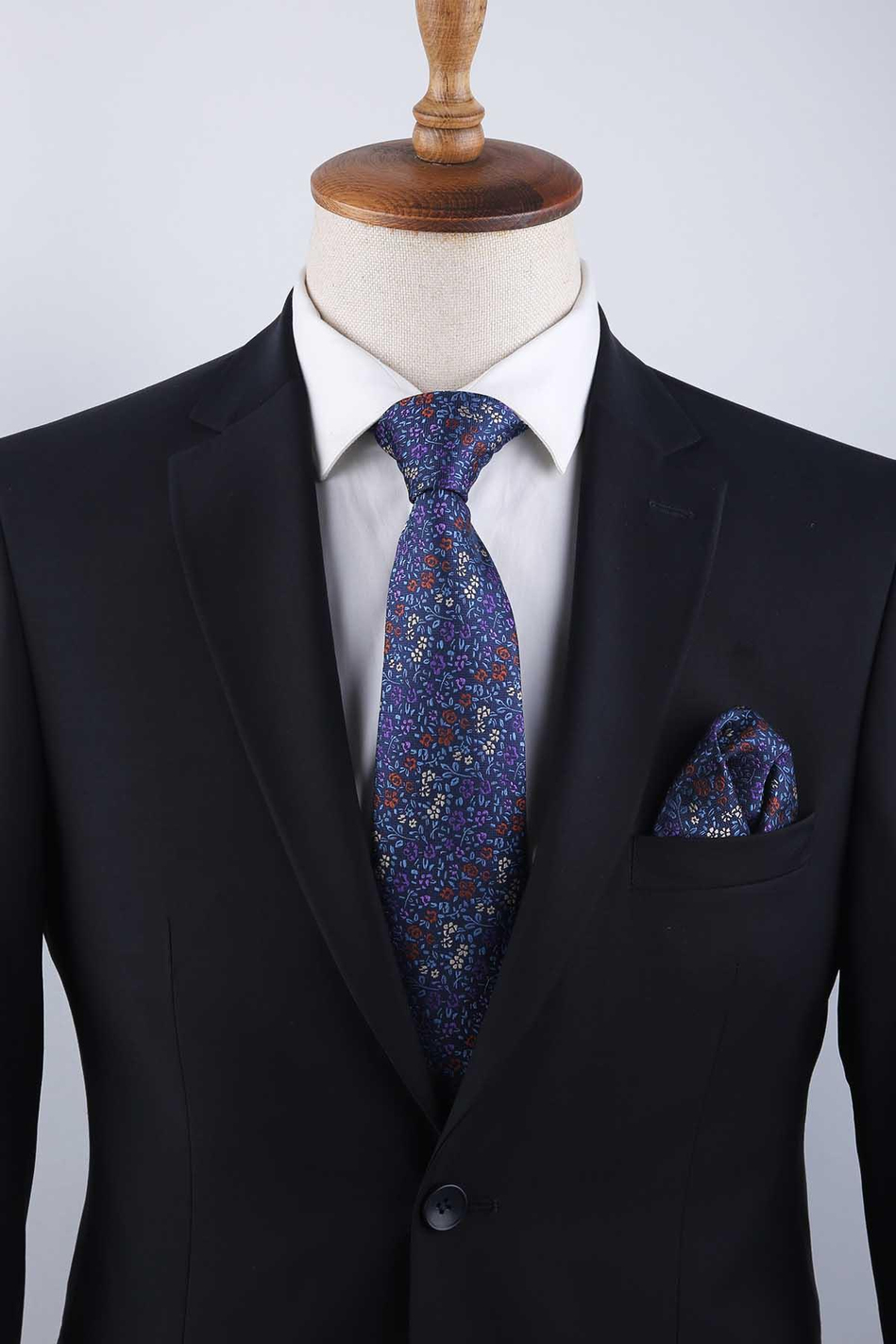 Lacivert Çiçek Desen Mendilli Klasik Kravat KK13158