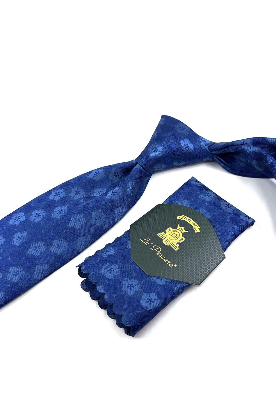 Lacivert Çiçek Desen Mendilli Klasik Kravat KK11308
