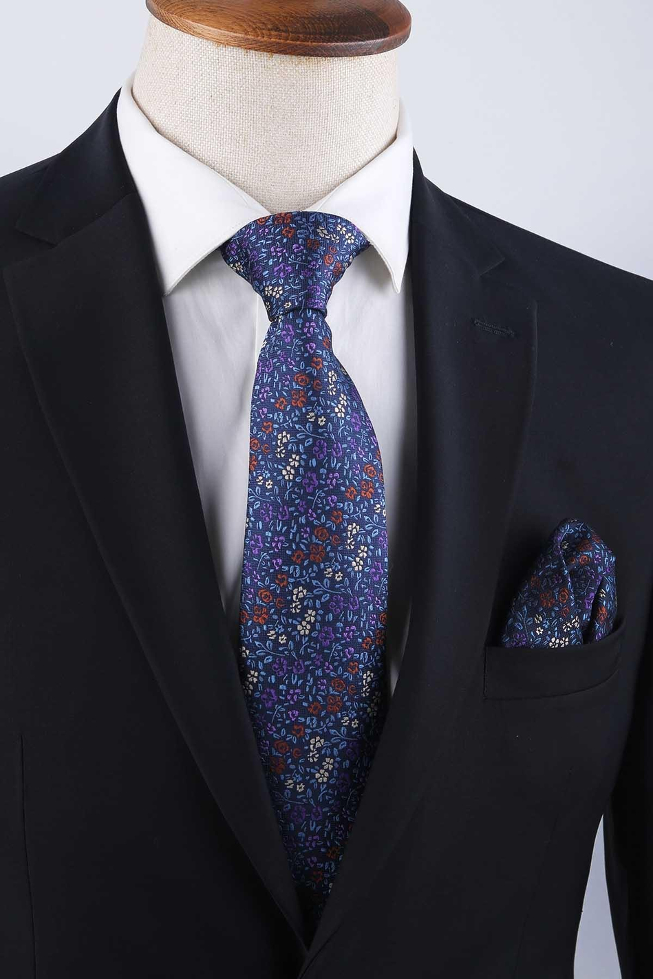 Lacivert Çiçek Desen Mendilli Klasik Kravat KK13158