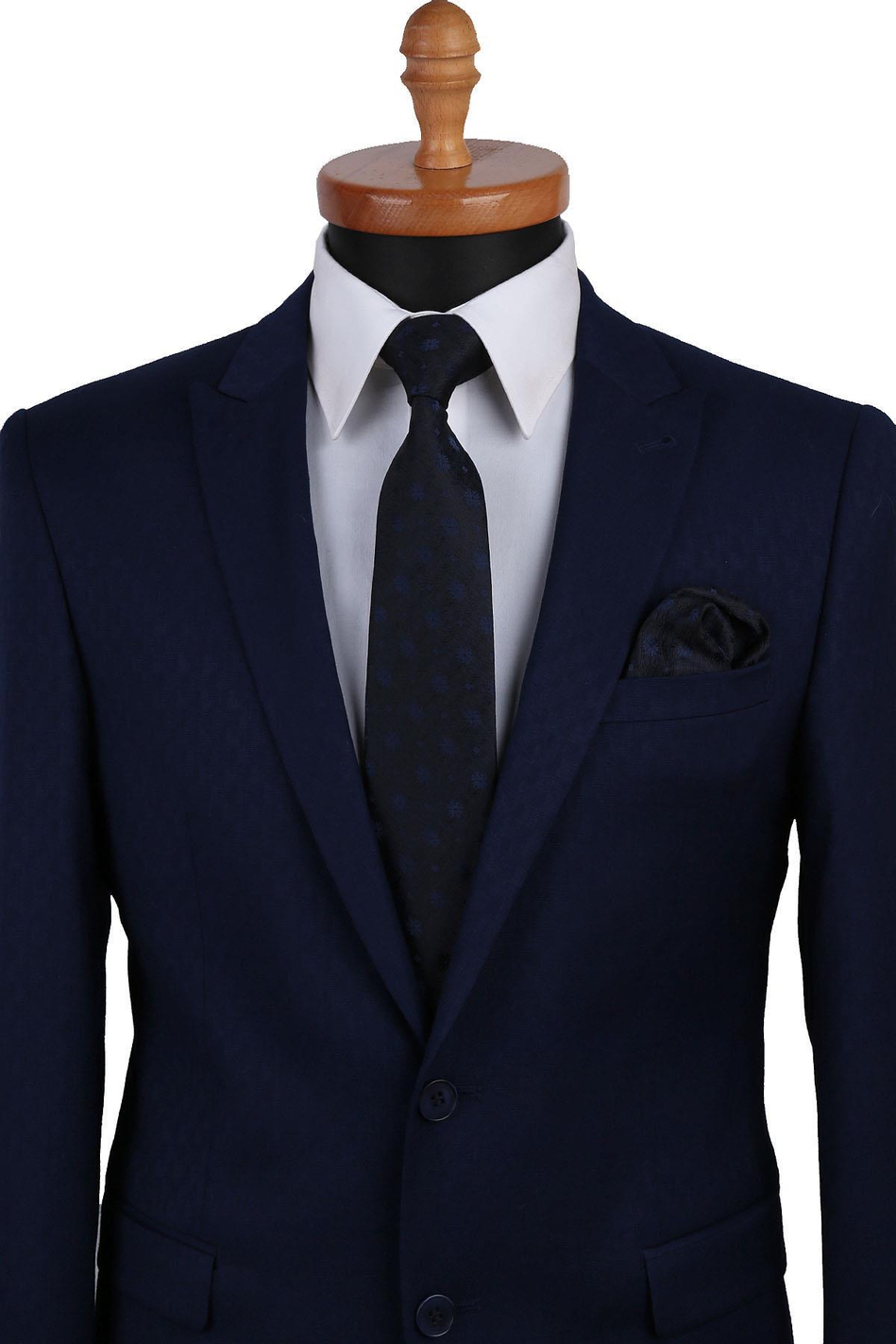 Lacivert Çiçek Desen Mendilli Klasik Kravat KK9487