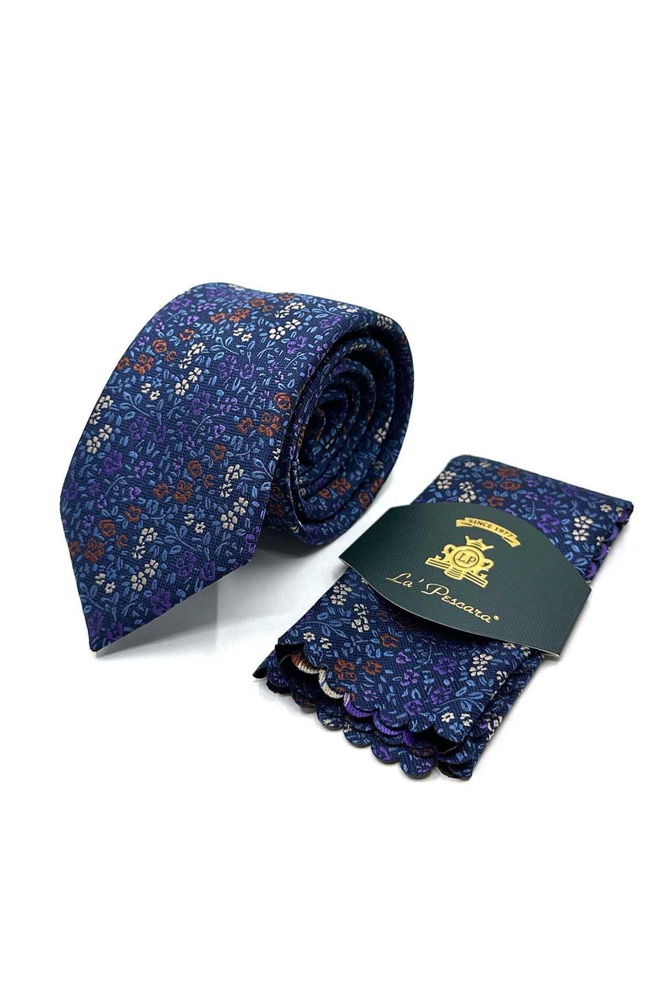 Lacivert Çiçek Desen Mendilli Klasik Kravat KK13158