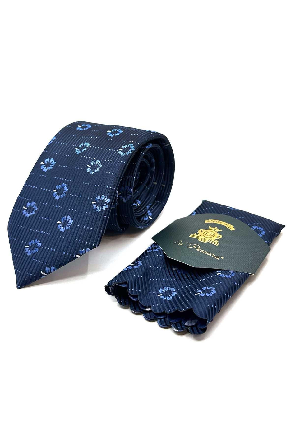 Lacivert Çiçek Desen Mendilli Klasik Kravat KK13018