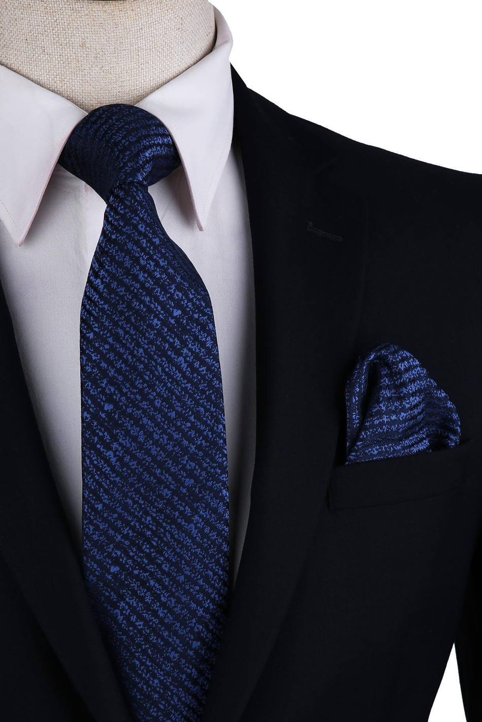 Lacivert Çizgi Desen Mendilli Klasik Kravat KK10546