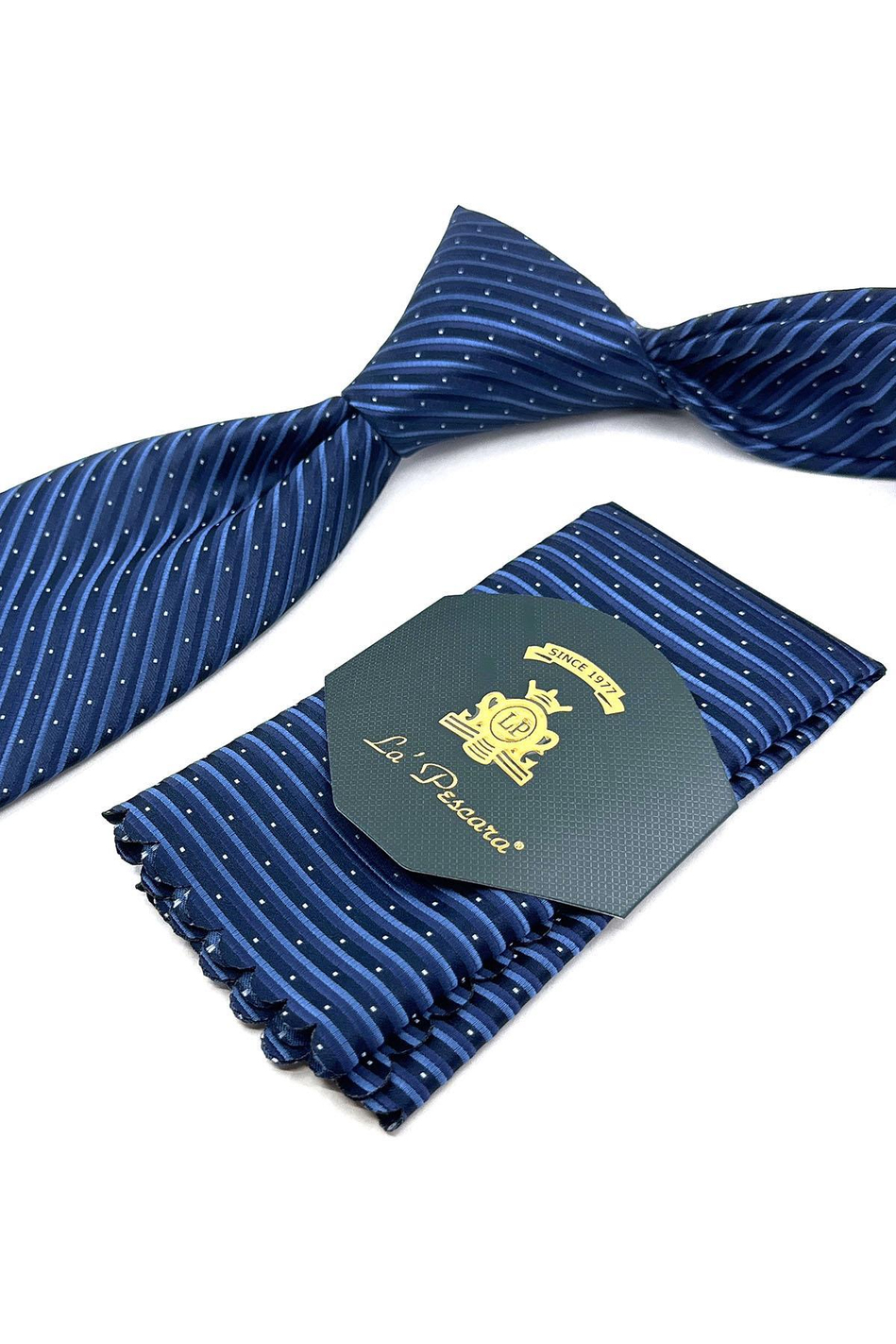 Lacivert Çizgi Desen Mendilli Klasik Kravat KK11902