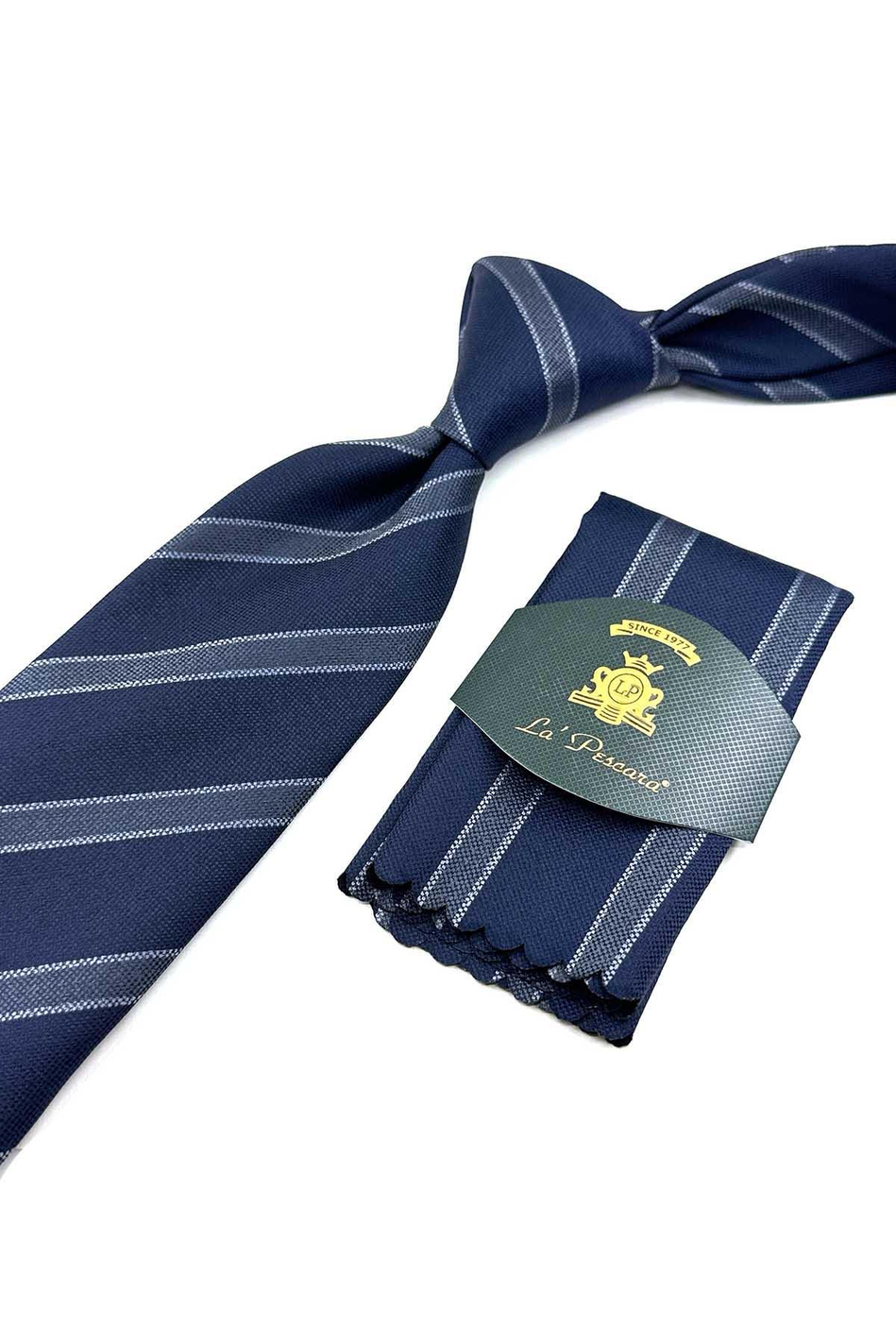 Lacivert Çizgi Desen Mendilli Klasik Kravat KK12670