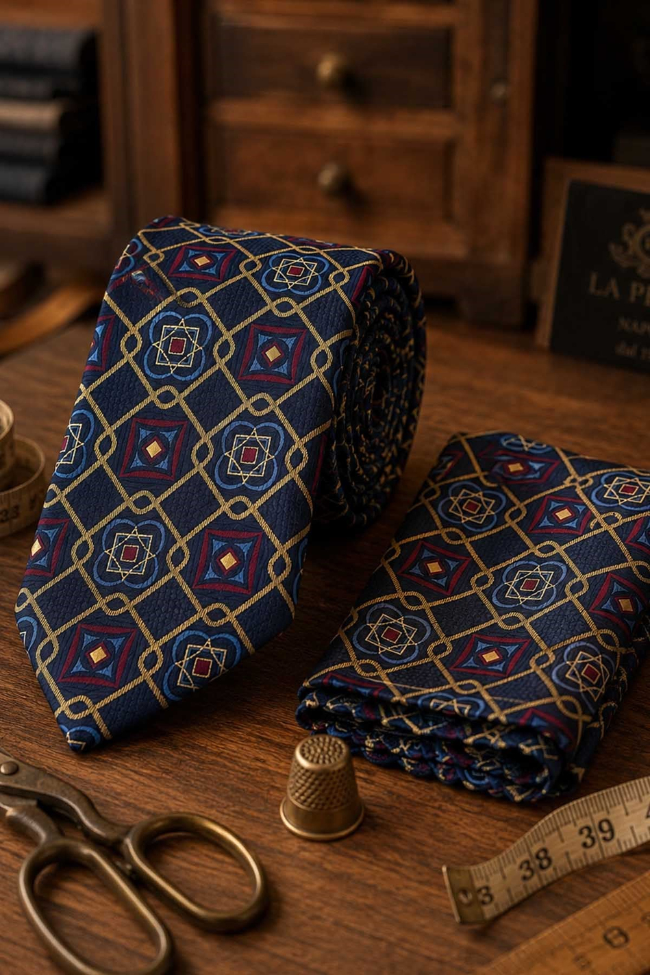 Lacivert Çok Renkli Motif Desen Mendilli Klasik Kravat KK13768