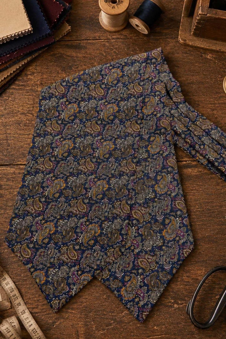 Lacivert Çok Renkli Şal Desen İtalyan İpek Ascot Kravat SAC92