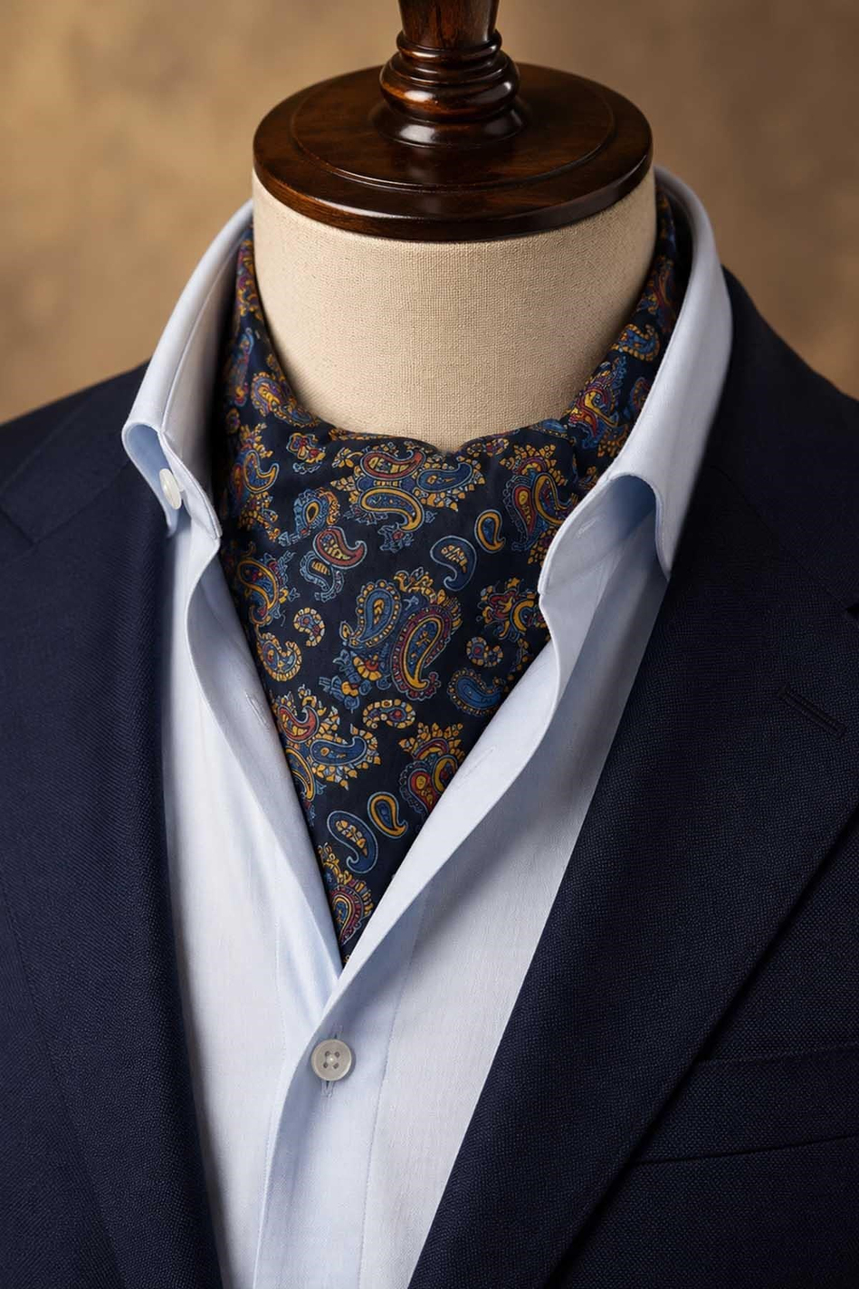 Lacivert Çok Renkli Şal Desen İtalyan İpek Ascot Kravat SAC126