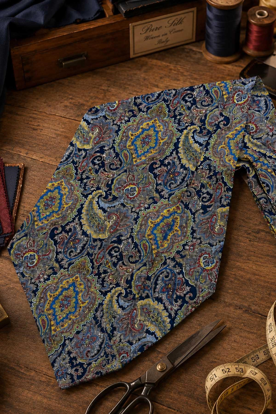 Lacivert Çok Renkli Şal Desen İtalyan İpek Ascot Kravat SAC111