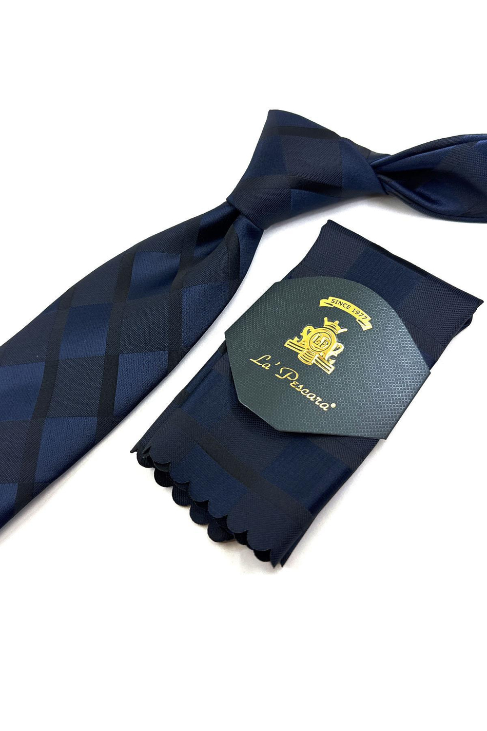 Lacivert Ekose Desen Mendilli Klasik Kravat KK11167
