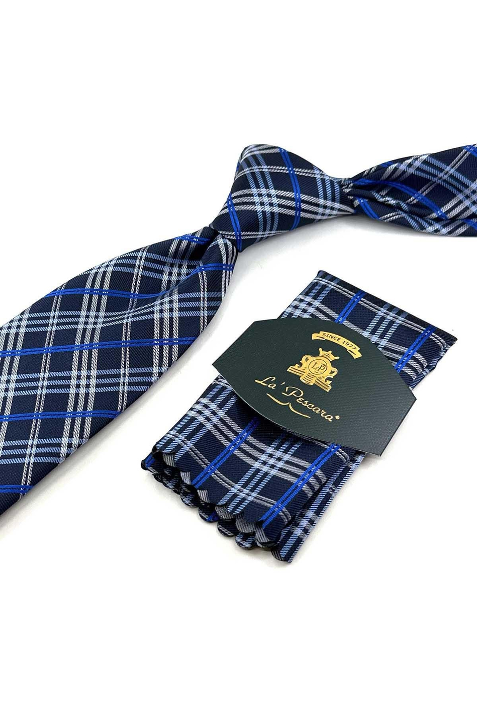 Lacivert Ekose Desen Mendilli Klasik Kravat KK13201