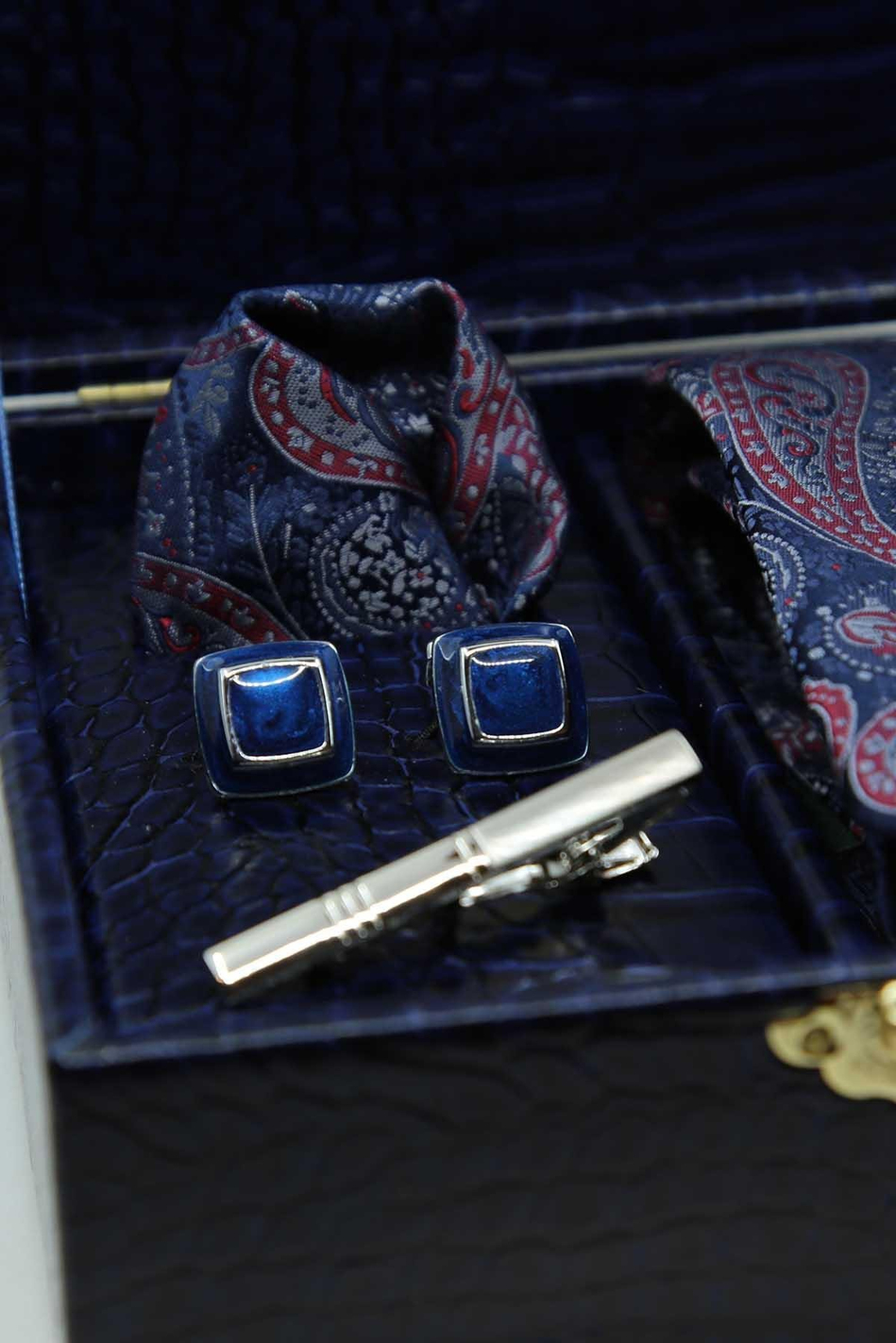 Lacivert Erkek Hediye Kutusu - Mendilli Kravat Kol Düğmesi Kravat İğnesi KMK107