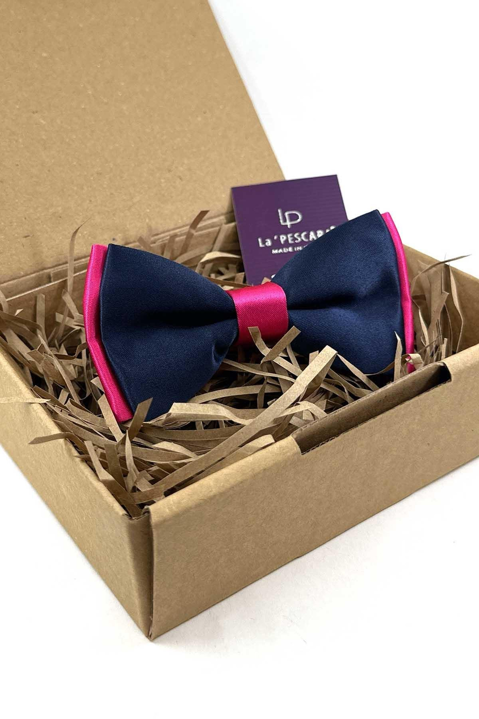 Lacivert - Fuşya Saten Düz Papyon P1986