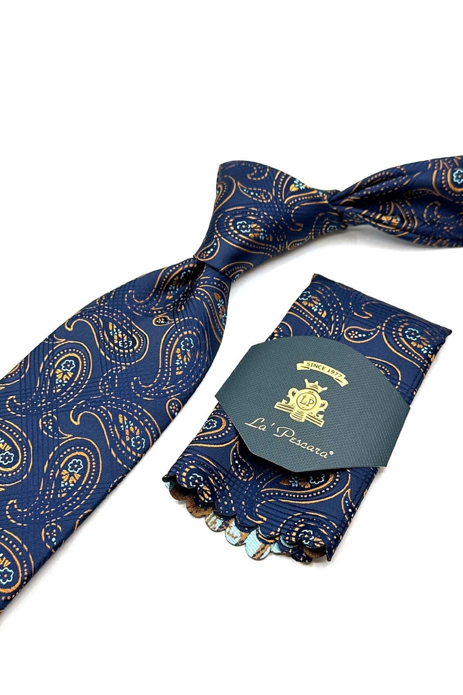 Lacivert - Hardal Şal Desen Mendilli Klasik Kravat KK13009