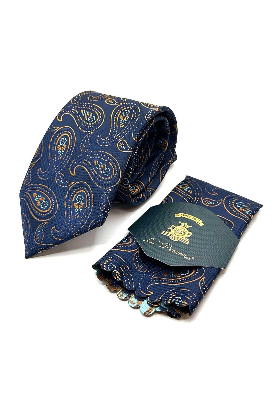 Lacivert - Hardal Şal Desen Mendilli Klasik Kravat KK13009