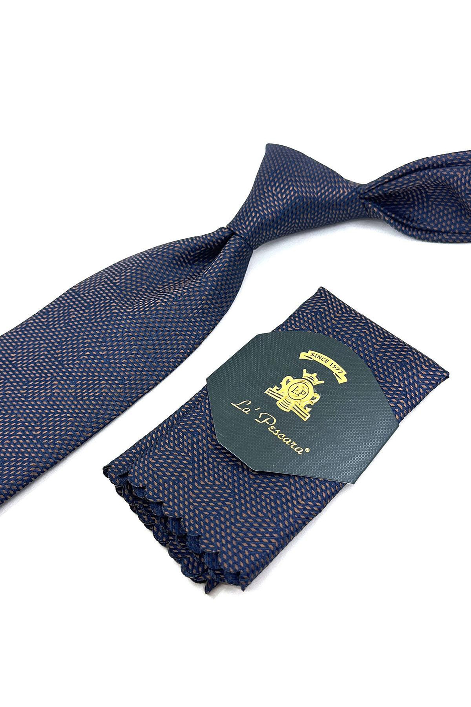 Lacivert - Kahve Çizgi Desen Mendilli Klasik Kravat KK11866