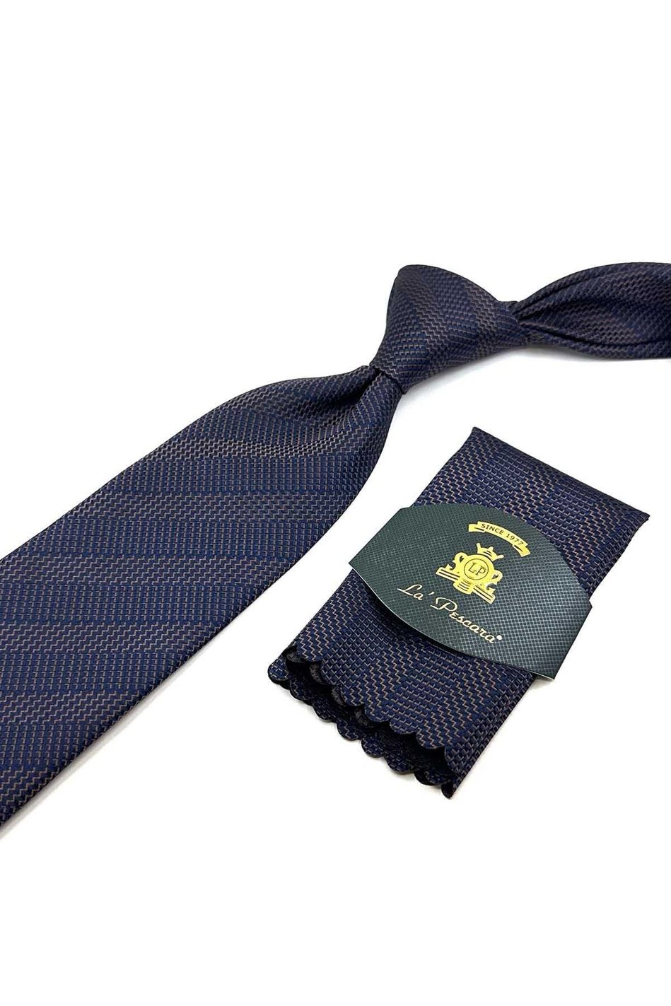 Lacivert - Kahve Çizgi Desen Mendilli Klasik Kravat KK12433