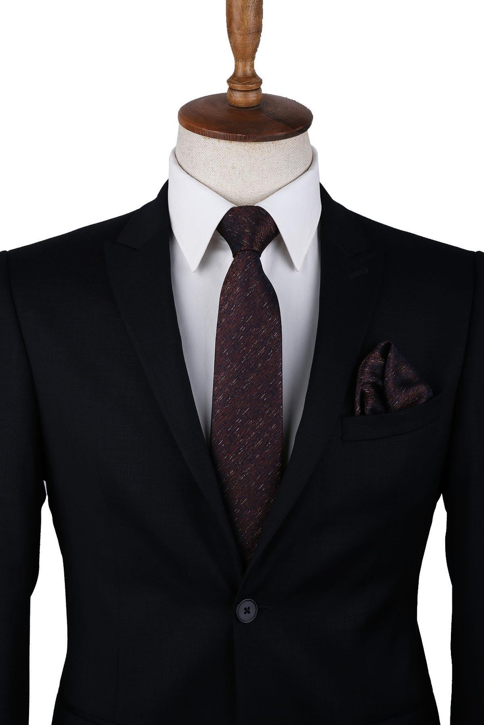 Lacivert - Kahve Kum Desen Mendilli Klasik Kravat KK10041