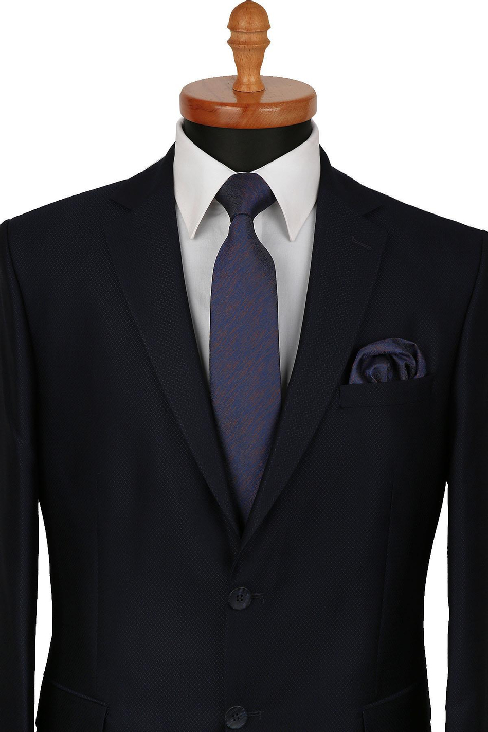 Lacivert - Kahve Kum Desen Mendilli Klasik Kravat KK9444