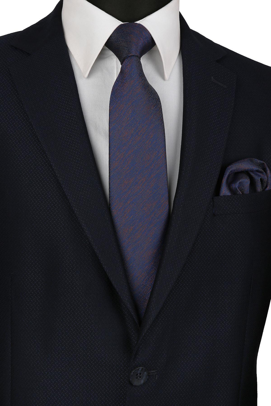 Lacivert - Kahve Kum Desen Mendilli Klasik Kravat KK9444