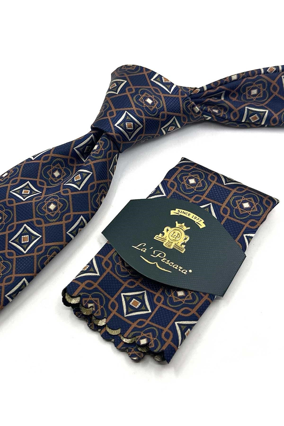 Lacivert Kahve Motif Desen Mendilli Klasik Kravat KK13766