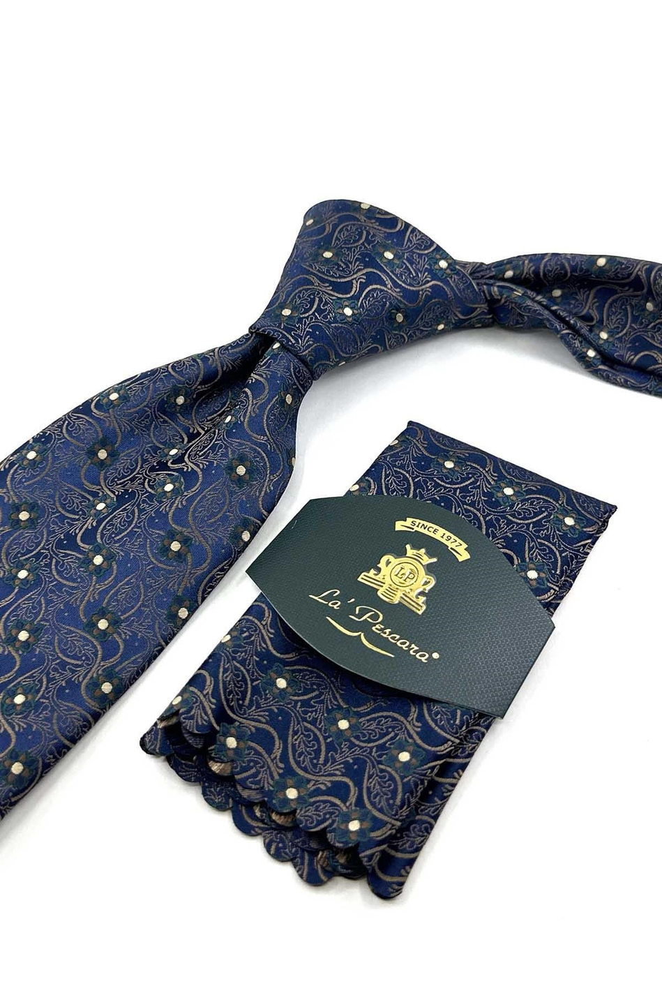 Lacivert Kahve Motif Desen Mendilli Klasik Kravat KK13886