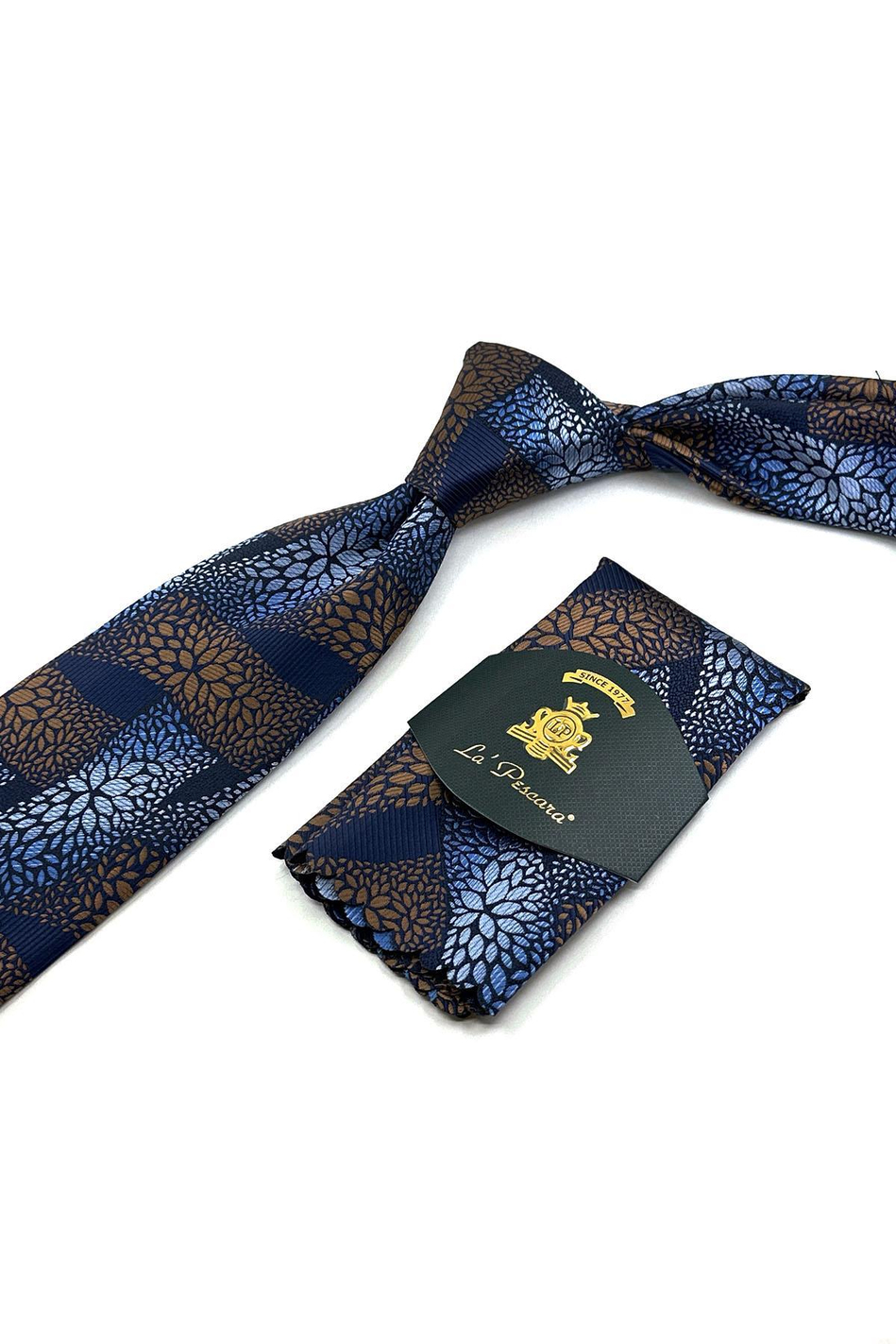 Lacivert - Kahve Motif Desen Mendilli Klasik  Kravat KK12053
