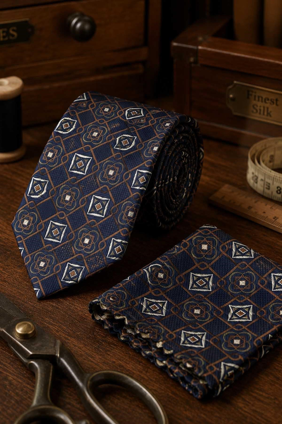 Lacivert Kahve Motif Desen Mendilli Klasik Kravat KK13766
