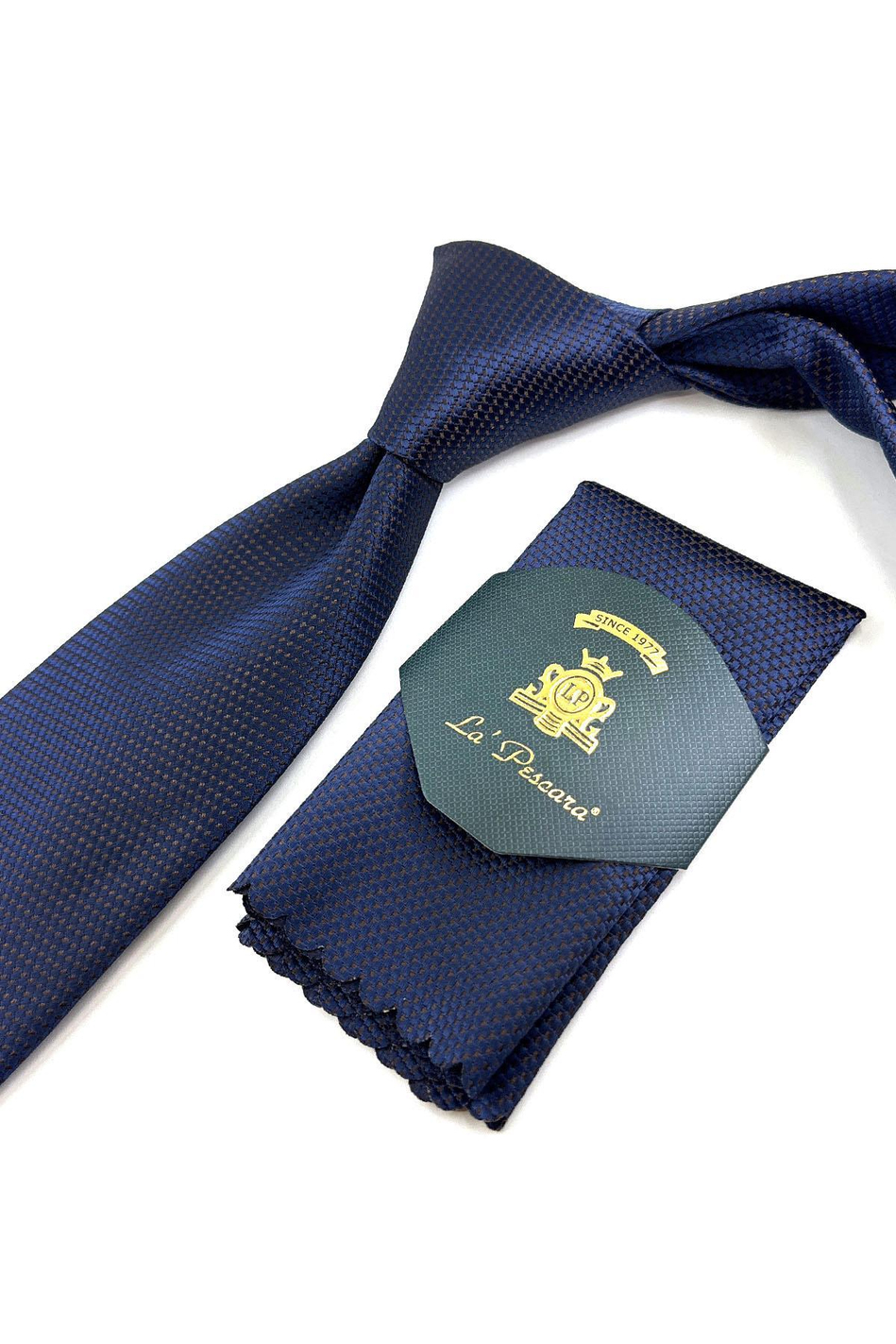 Lacivert - Kahve Nokta Desen Mendilli Klasik Kravat KK11146