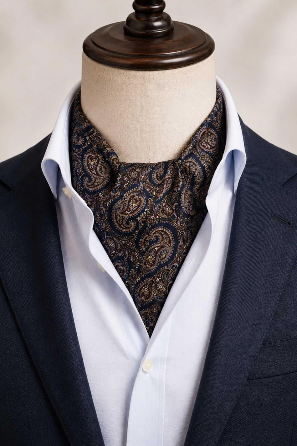 Lacivert Kahve Şal Desen İtalyan İpek Ascot Kravat SAC152