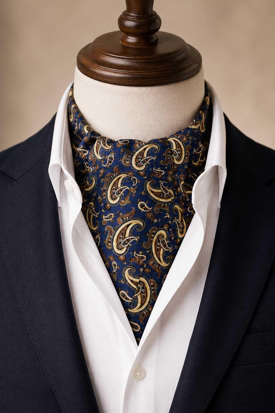 Lacivert Kahve Şal Desen İtalyan İpek Ascot Kravat SAC150